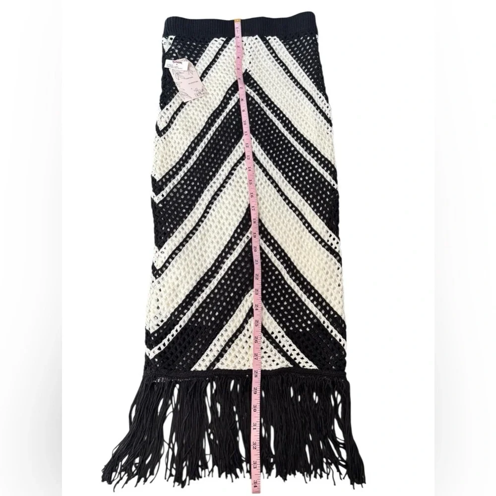 Willow & Wind Black Ivory Crochet Knit Fringe Skirt Cover Up Y2K